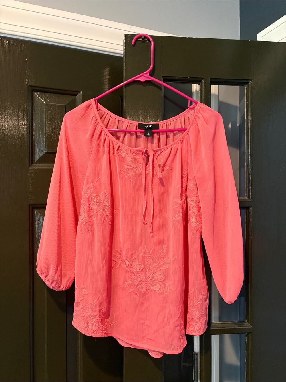 AGB Coral Pink Embroidered Peasant Top